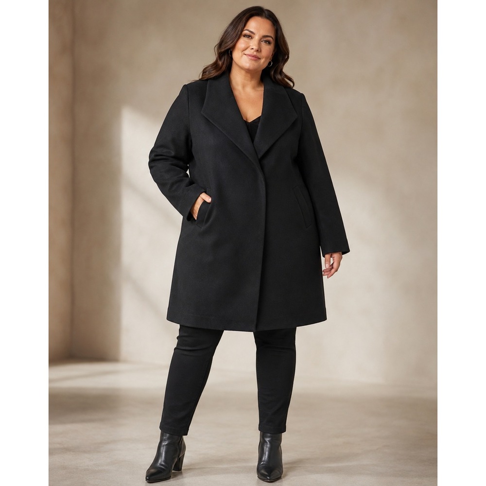 Corpcore Chic Belissima Mid Thigh Black Over Coat Size 18 Polished Minimalist